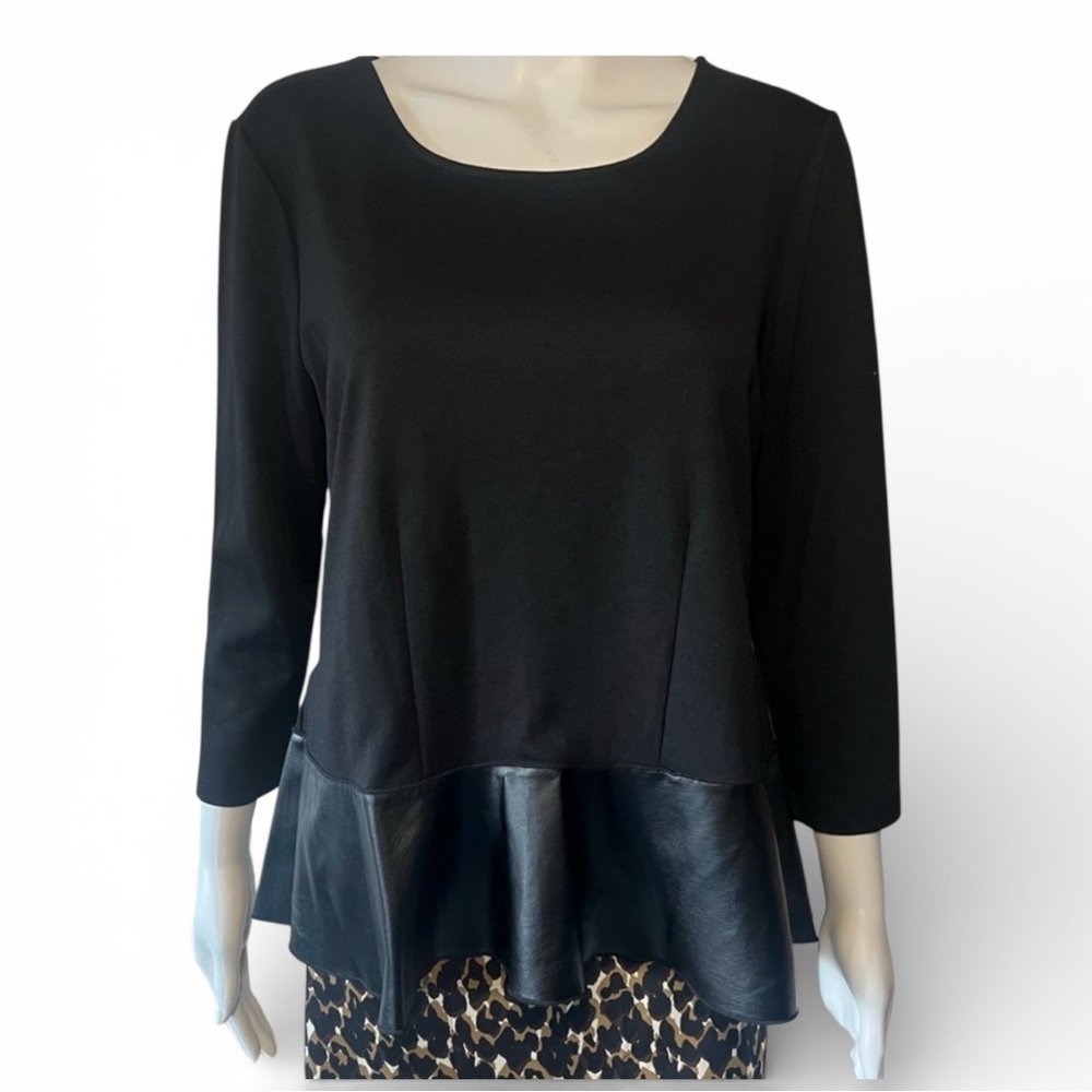Ann Taylor Black Faux Leather Flair Peplum Blouse Knit Top LG
